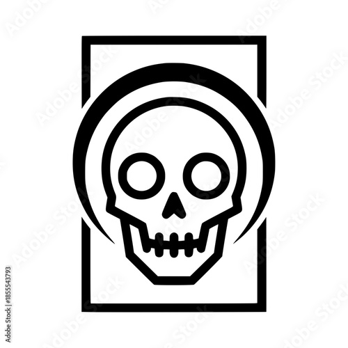 Bold and minimalist human skull graphic illustration within a geometric frame.