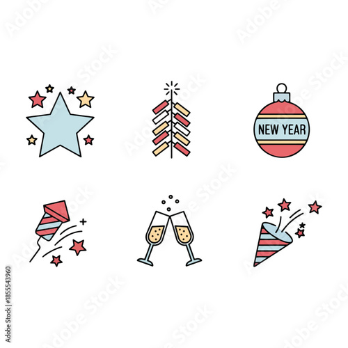 Diverse vector celebration icons 2026 New Year party signs bring cheer, excitement, and sparkle to any gathering occasion for giving a festive touch