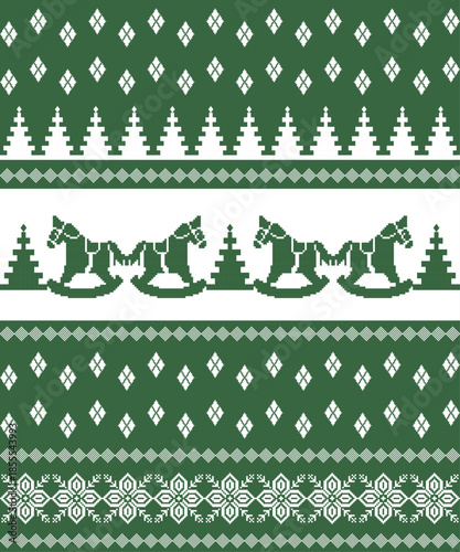 Christmas seamless sweater pattern with rocking horses, pine trees, and Nordic geometric motifs in green and white for winter knit textile design