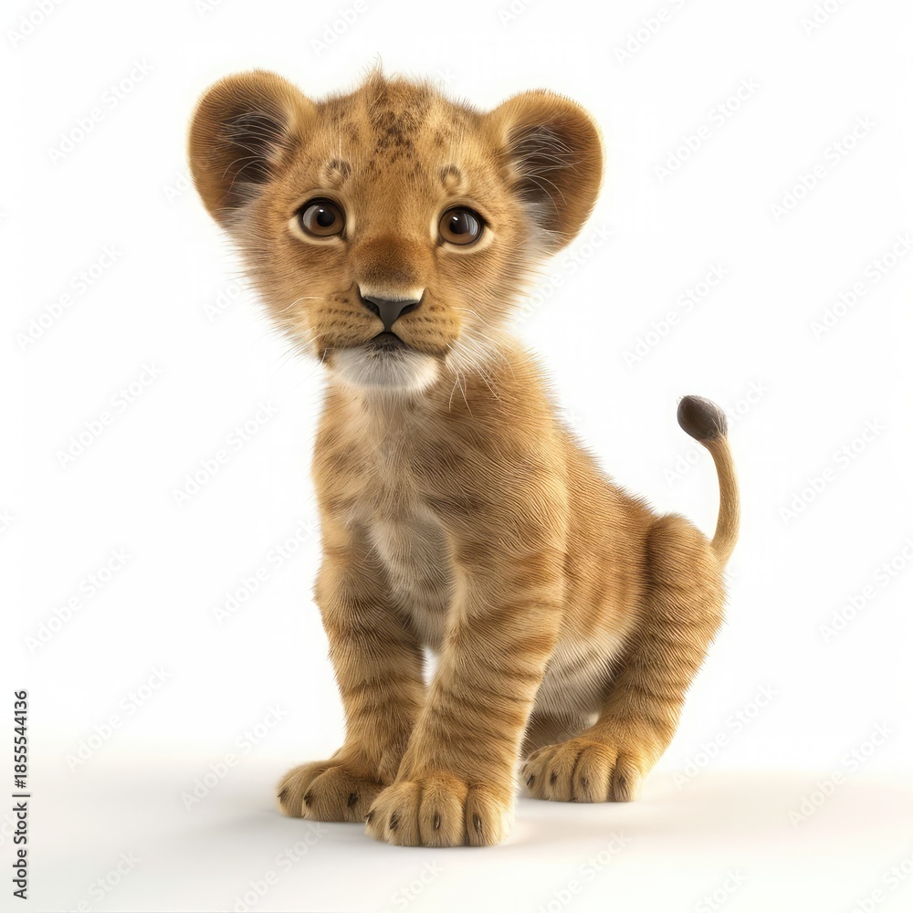 Obraz premium Adorable lion cub with big eyes and fluffy fur on white background