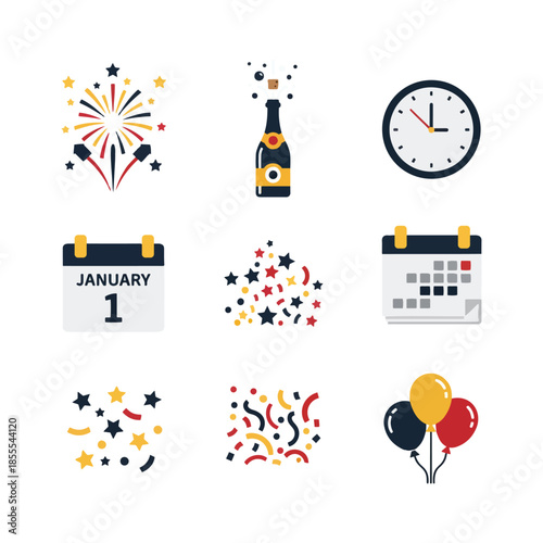 Vibrant vector icons set for New Year 2026 celebration parties, bringing diverse cheer, excitement, and sparkle to any festive occasion or gathering