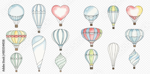 Watercolor hot air balloons collection with various shapes and patterns for festive designs.