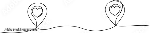 Continuous Line Art of Heart Map Pins for Travel and Romance Concept