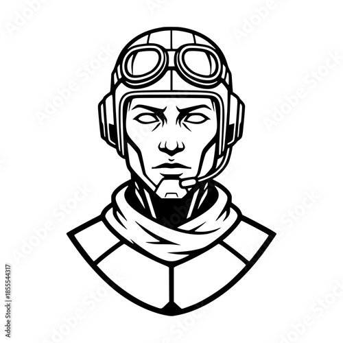 Vector illustration of a fighter pilot head featuring a vintage helmet, goggles, and communication microphone.
