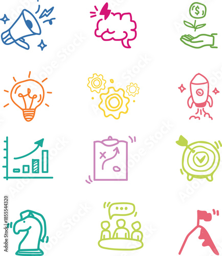 Business idea, startup doodle line icon set. Hand drawn doodle sketch line style business strategy, finance goal, startup idea concept. Rocket, target, brain cute element. Vector illustration