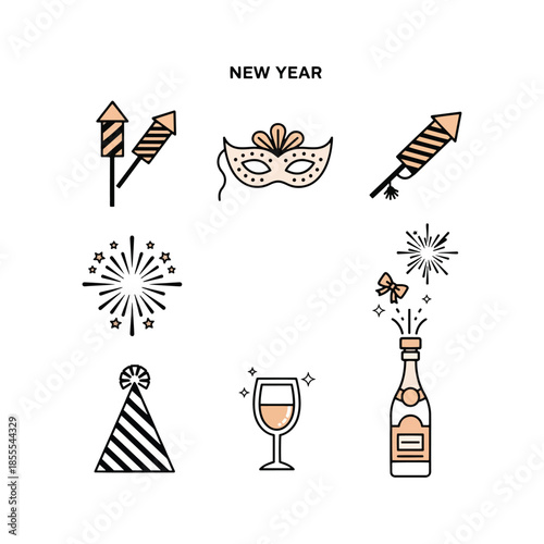 New Year celebration vector icons set diverse signs for party, cheer, excitement, gathering, giving, sparkle, occasion, celebrate 2026