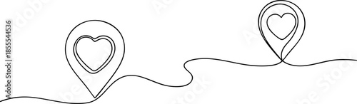 Continuous Line Art of Heart Map Pins for Travel and Romance Concept