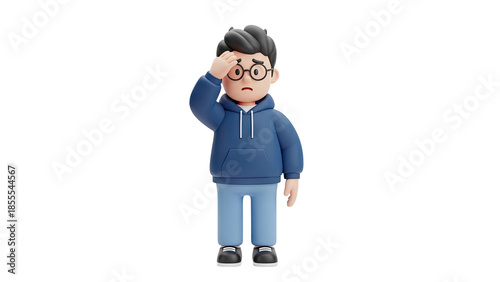 3D Cartoon Boy With Glasses Holding Forehead in Confusion on transparent background