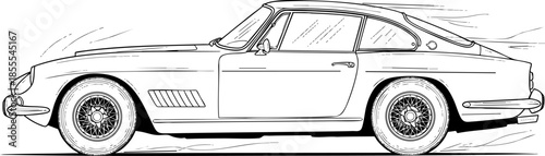 Vintage Classic Sports Car Line Drawing Illustration in Profile View
