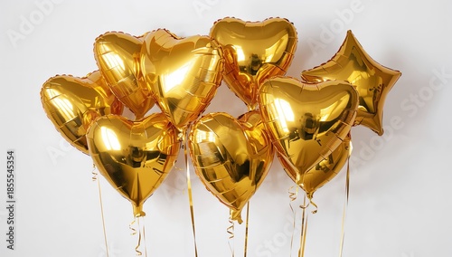 Shiny gold mylar balloons in shape of heart and stars representing love and success for holiday greeting card.