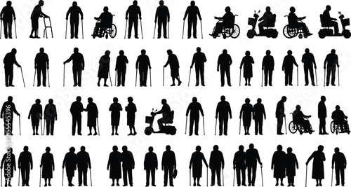 Big collection of elderly people silhouettes vector illustration set, senior men and women with walking sticks, wheelchairs, and mobility aids on white background.