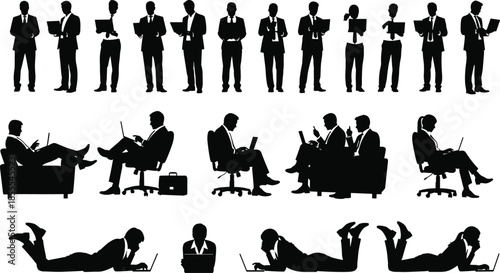 Set of diverse business professional and traveler silhouettes including people with luggage at airport, office workers with laptops, and families on vacation vector.