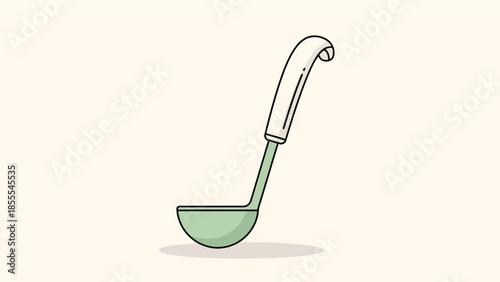 Illustration of a green ladle with white handle on a light background.