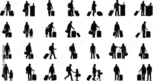 Set of traveler silhouettes with luggage, passengers walking with suitcases, people at airport terminal, family travel, and business trip vector illustration icons, isolated.