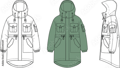 Technical Fashion Flat Sketch Oversized Parka Jacket with Hood Cargo Pockets and Drawstring Waist Front and Side View CAD Vector Drawing