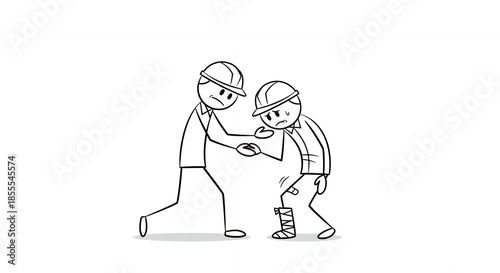 Animated Stick Figure Helping Injured Worker with Leg Injury on White Background