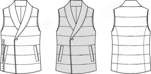Technical Fashion Flat Sketch Puffer Vest with Shawl Collar and Double Breasted Button Closure Front and Back View CAD Drawing