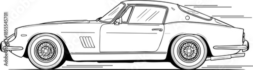 Vintage Classic Sports Car Line Drawing Illustration in Profile View