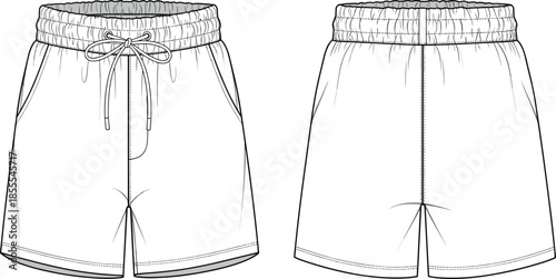 Men drawstring shorts technical flat sketch front and back view, casual apparel design, cad drawing flat vector illustration
