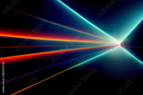 Sweeping neon beams racing toward a brilliant cyan focal point, cinematic perspective of multicolored light streaks cutting through darkness like hyperspace travel in a futuristic universe

