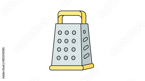 Illustration of a metal grater with yellow handle on white background.