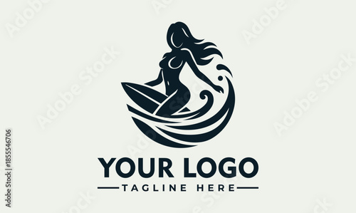 Vector logo featuring a surfing woman silhouette on a wave with customizable text on a light background.
