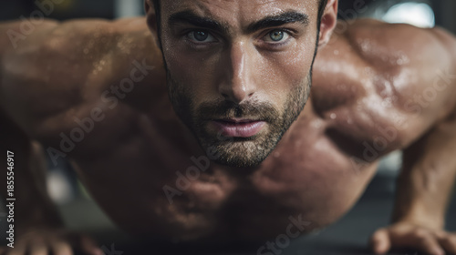 Muscular man push up workout intense focus male fitness training sweat gym closeup perspective