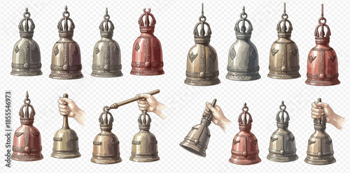 Set of various vintage hand bells with different designs and human hands holding them.