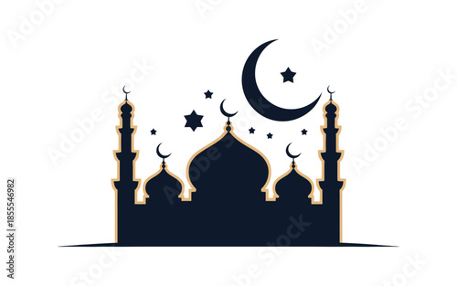 Mosque silhouette with moon and stars