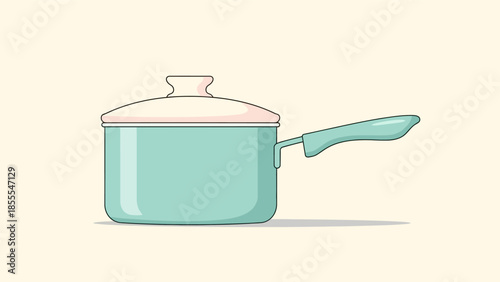 Illustration of a light blue saucepan with a handle and lid.