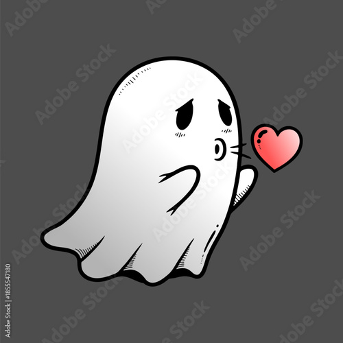 Cute friendly ghost character blowing a pink heart kiss