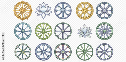 Set of Dharma Wheel and Lotus Flower Symbols in Various Colors and Styles.
