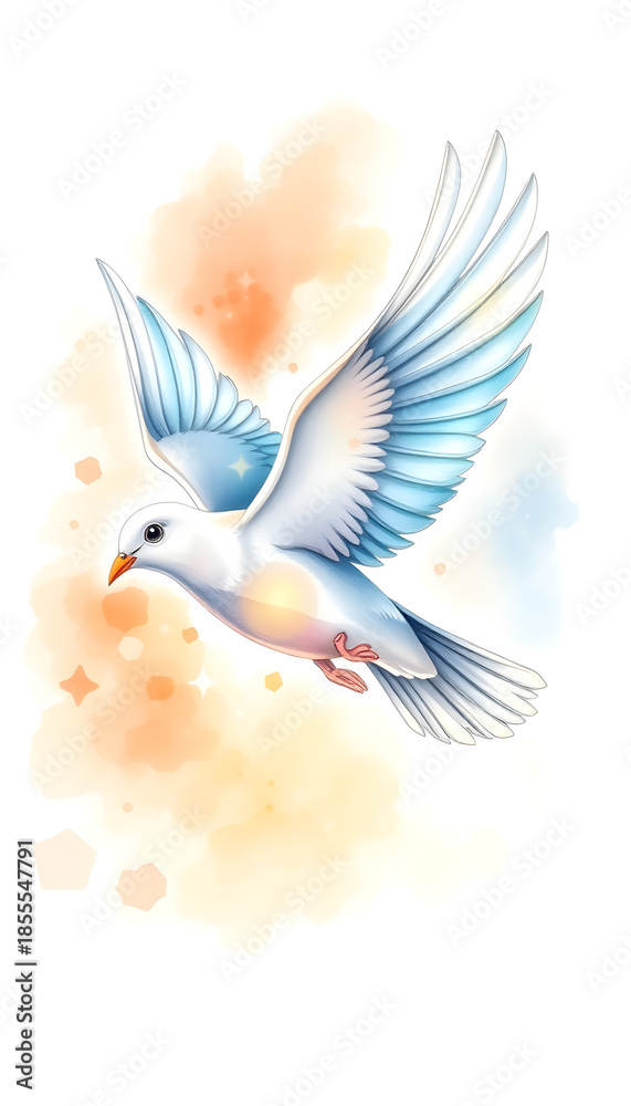 Obraz premium White dove flying with wings spread against soft watercolor background 