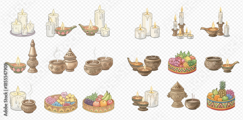 Set of traditional religious objects and offerings, including candles, incense burners, and fruit baskets, for various spiritual practices.