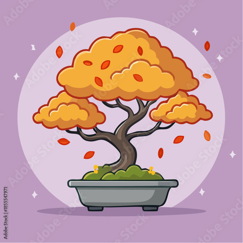 Cartoon bonsai tree with orange leaves in a gray pot on a purple background.