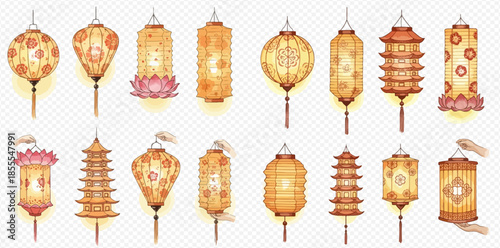 Set of traditional Chinese and Japanese paper lanterns in various shapes and patterns.