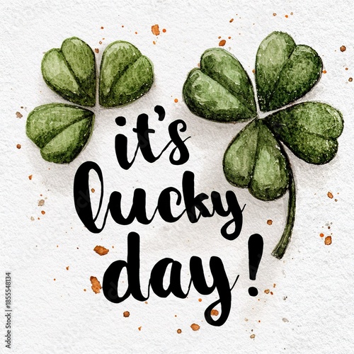 It’s Your Lucky Day!” Text with Watercolor Green Shamrock Illustration in Clipart Style