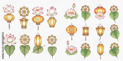 Watercolor collection of Buddhist symbols including lotus flowers, lanterns, Dharma wheels, and Bodhi leaves, representing peace and enlightenment.