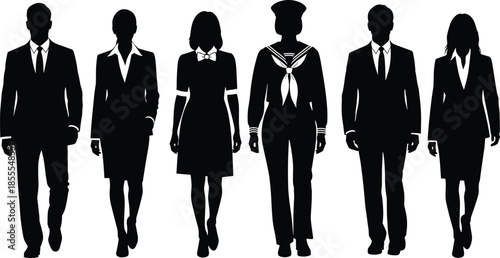 Business professionals silhouettes, diverse workforce team walking forward, leadership, career diversity, corporate roles, equality, confidence, professional identity concept