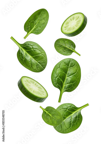 Fresh spinach leaves and lime slices floating on transparent background
