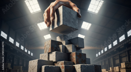 A hand is placing a block on top of a stack of industrial concrete blocks in a warehouse.