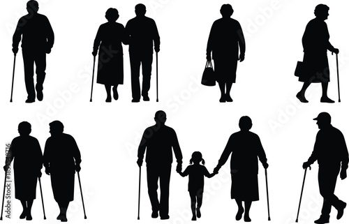 Elderly people silhouettes walking with canes, senior couples and families, aging care concept isolated black vector illustration set icons collection