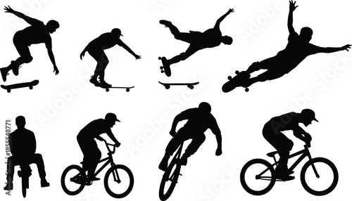 Extreme sports silhouettes featuring skateboard and BMX riders performing tricks, jumps, and stunts isolated on white background illustration