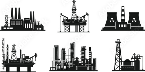 Industrial factory and oil rig silhouettes set, power plant and refinery icons, energy industry infrastructure isolated black vector illustration