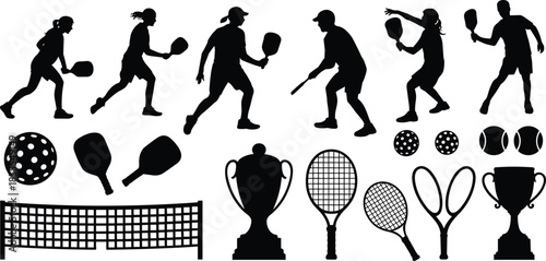 Pickleball player silhouettes with paddles, balls, net and trophies, dynamic sports action icons isolated black vector illustration set