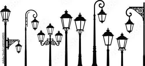 Collection of Black Silhouette Vintage Street Lamp Designs Keywords: street lamp, lamppost, vintage, antique, ornate, decorative