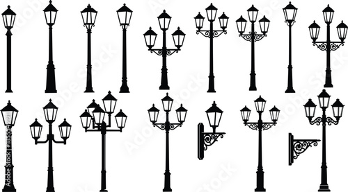 Collection of Black Silhouettes of Vintage and Modern Street Lamps lamppost light