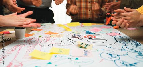Foto Teams engage in an interactive brainstorming session, using sticky notes and visual aids to foster creativity and innovation while developing strategic ideas on paper