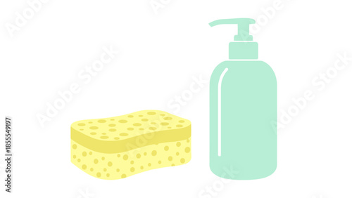 Illustration of a bottle of soap and a sponge for cleaning.