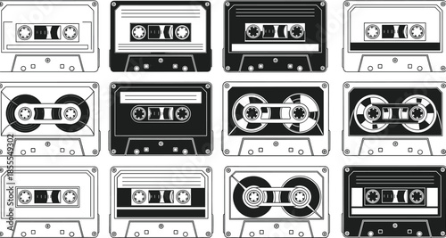 Vintage audio cassette tape collection, retro music media silhouettes and outlines, analog sound recording icons isolated vector illustration set
